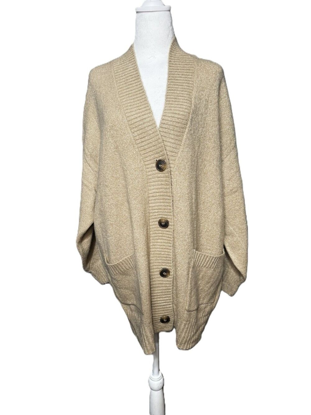 For The Republic Beige Oversized Button-Front Cardigan